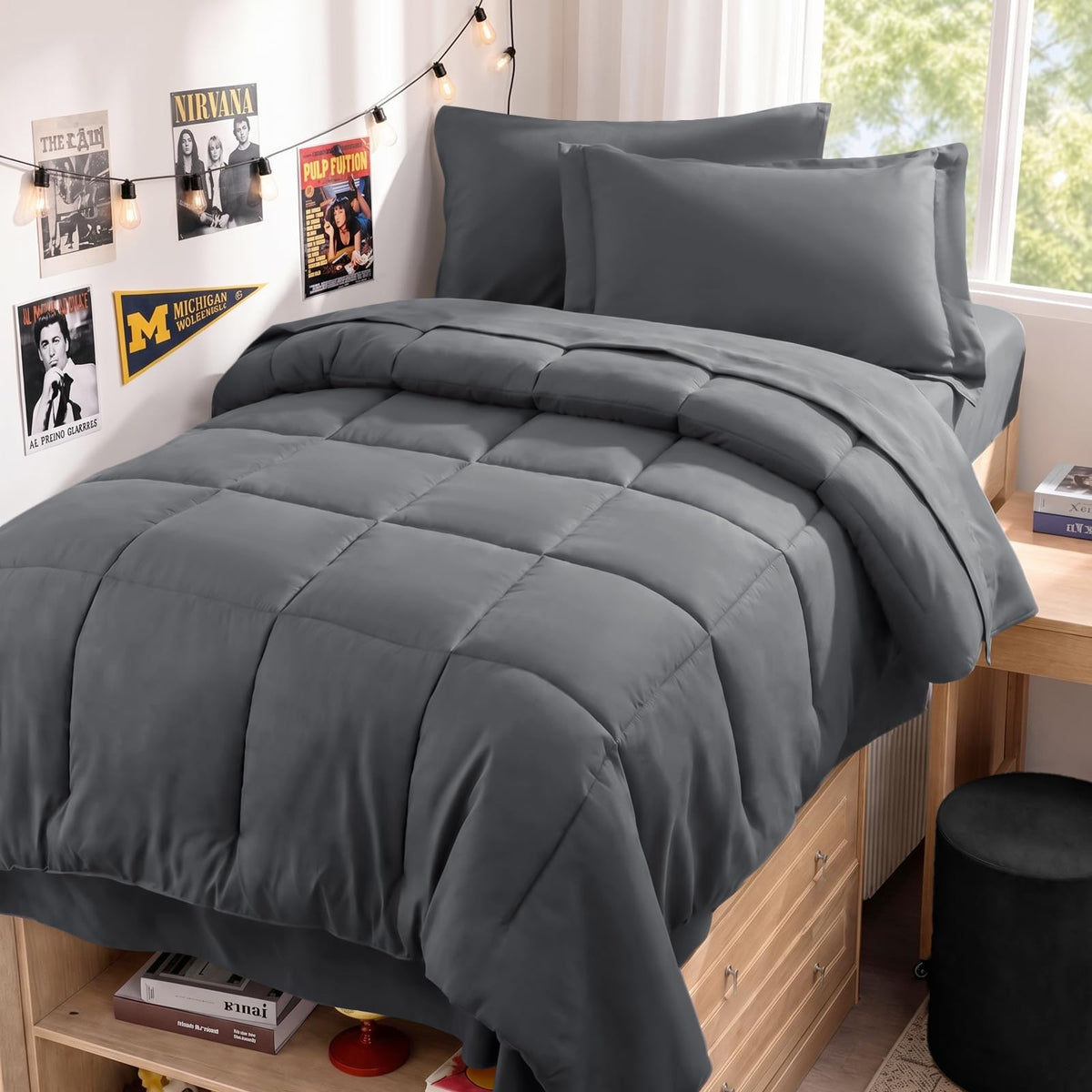 JOLLYVOGUE Full Comforter Set, Ultra-Soft Bed in a Bag Full Size 7 Pieces, Oeko-TEX Certified Bedding Set with Down Alternative Comforter, Sheets, Pillowcases & Shams, Black