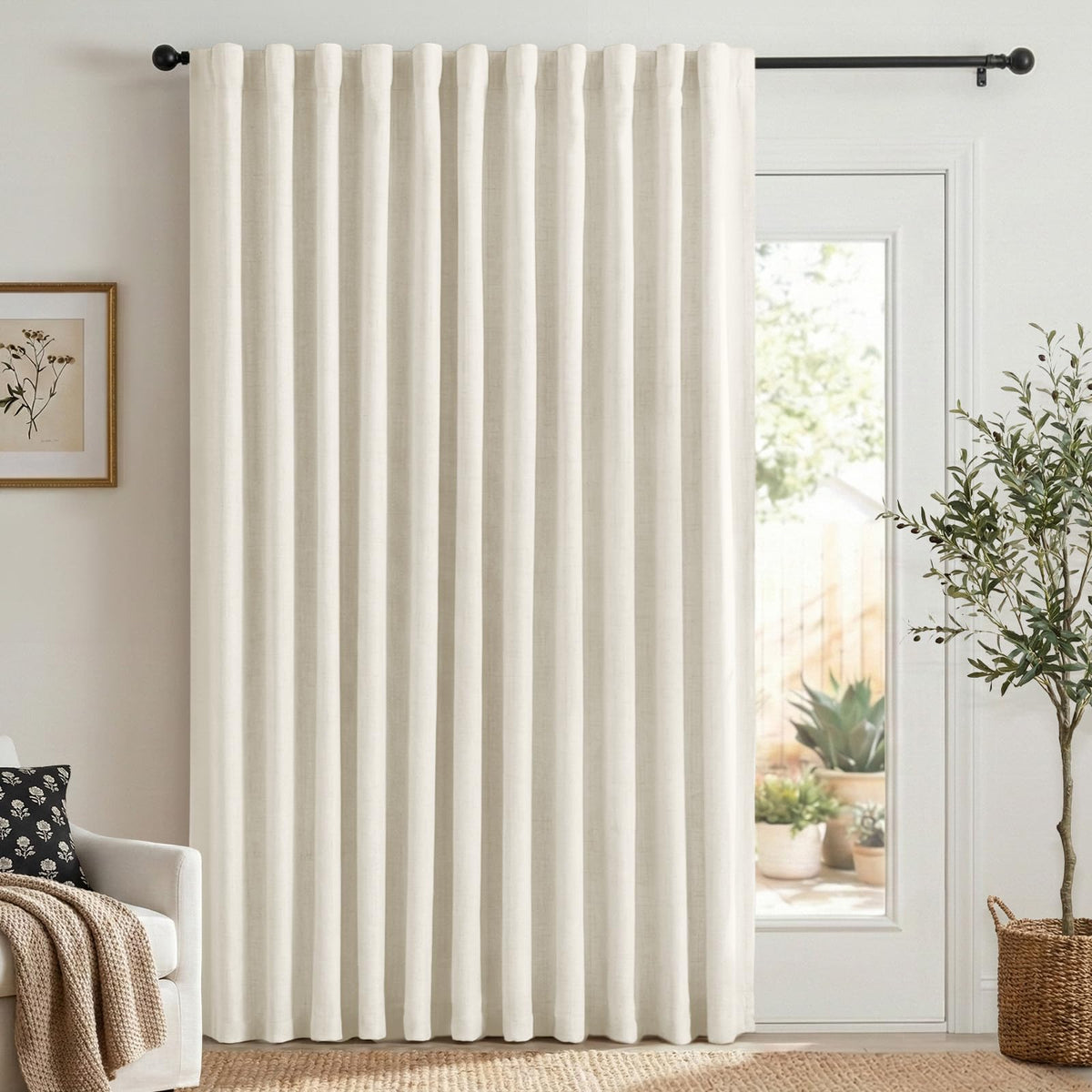 Linen Total Blackout Curtains for Bedroom Living Room 84 Inch, Cream
