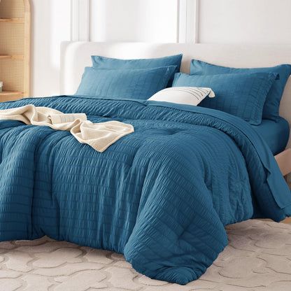 MUXHOMO Queen Comforter Set 7 Pieces, Seersucker Bed in a Bag, Beige