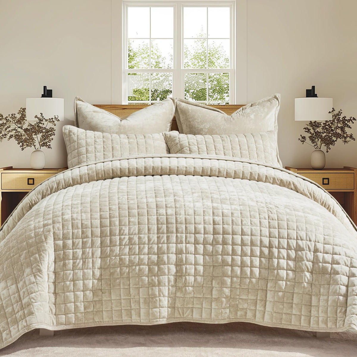 RECYCO Channel Box Stitch Velvet Quilt Set, King Size, Beige