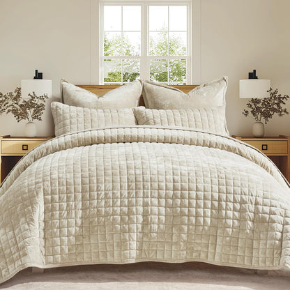 RECYCO Channel Box Stitch Velvet Quilt Set, King Size, Beige