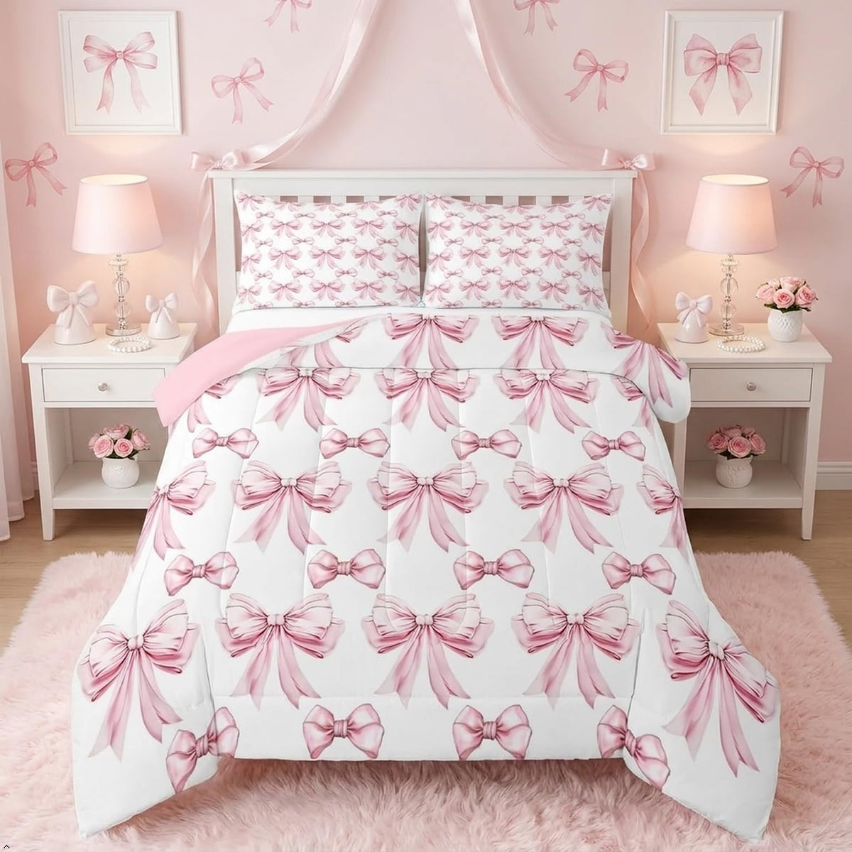 Erosebridal Cute Pink Bow Twin Bedding Set for Girls,Ribbon Bow Knot Comforter Set for Kids Kawaii Room Decor,Princess Bowknot Bed Set Girly Pink Bows Bedding Comforter Sets,1 Pillowcase