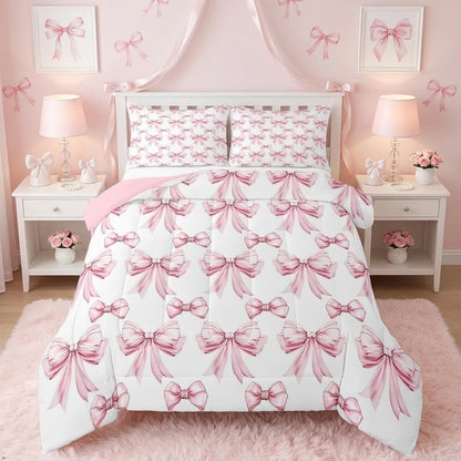 Erosebridal Cute Pink Bow Twin Bedding Set for Girls,Ribbon Bow Knot Comforter Set for Kids Kawaii Room Decor,Princess Bowknot Bed Set Girly Pink Bows Bedding Comforter Sets,1 Pillowcase