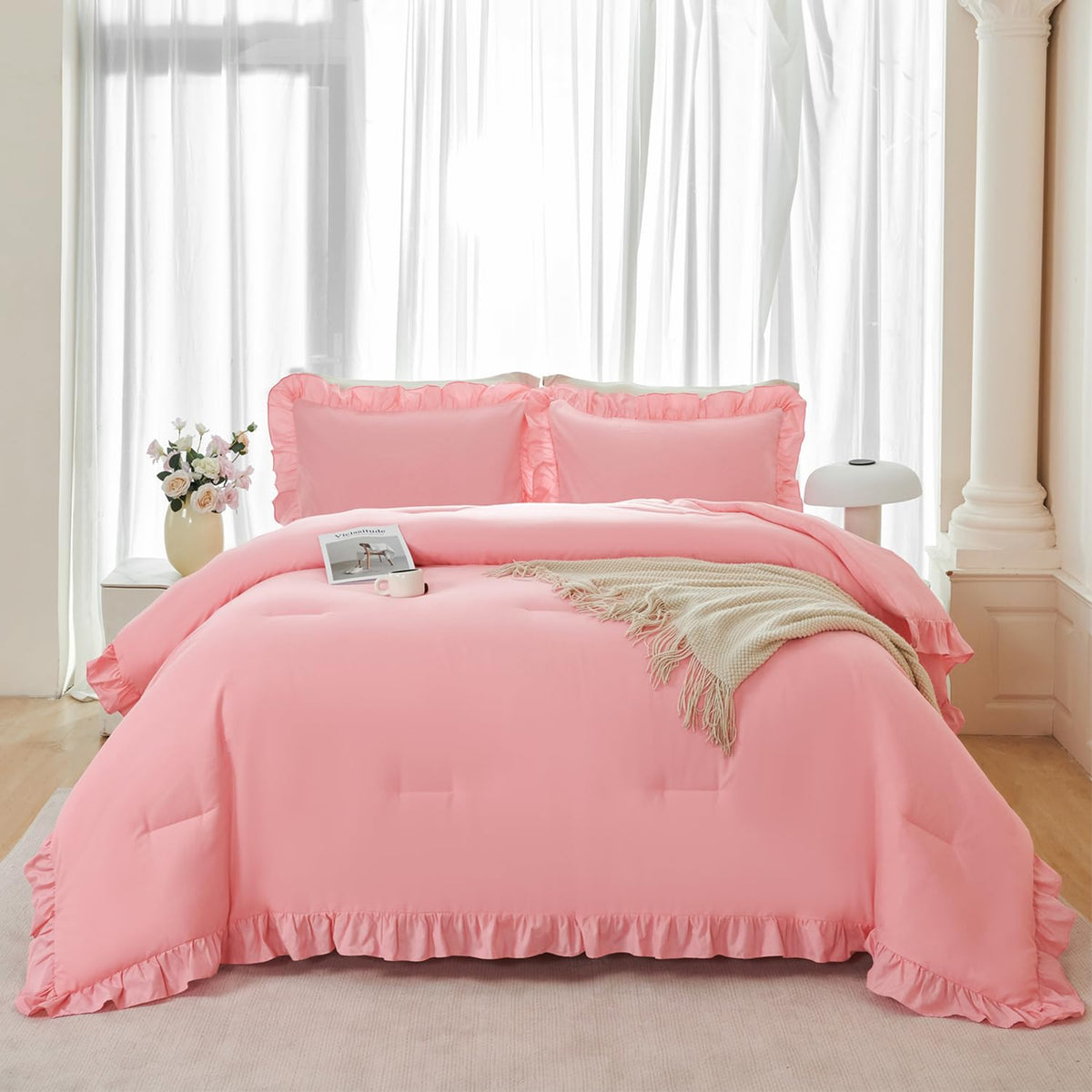 ANGIYUIN Light Blue Ruffle Girls Comforter Set Twin Size 5 Pieces Ruffled Farmhouse Bed in A Bag Solid Boho Bedding Comforter Sets Soft Fluffy Bed Sets for Kids Girl(Light Blue Twin)
