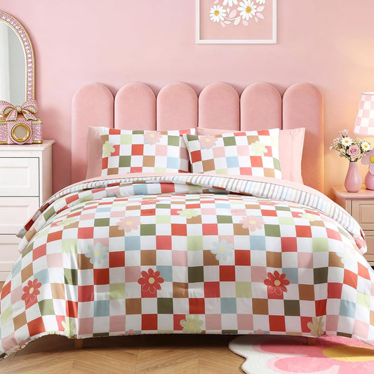Twin XL Comforter Set for Girls Colorful Checkered Bed in a Bag 5 Pieces