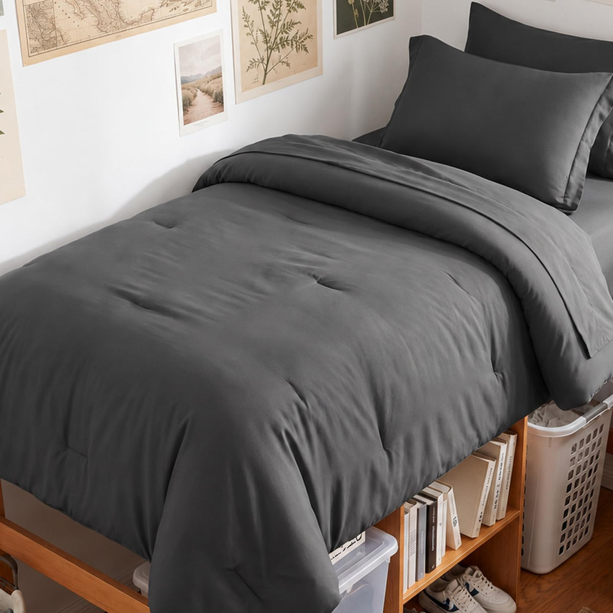HIMEET Queen Comforter Set, 7-Piece Point-Quilted Bed in a Bag Dark Grey
