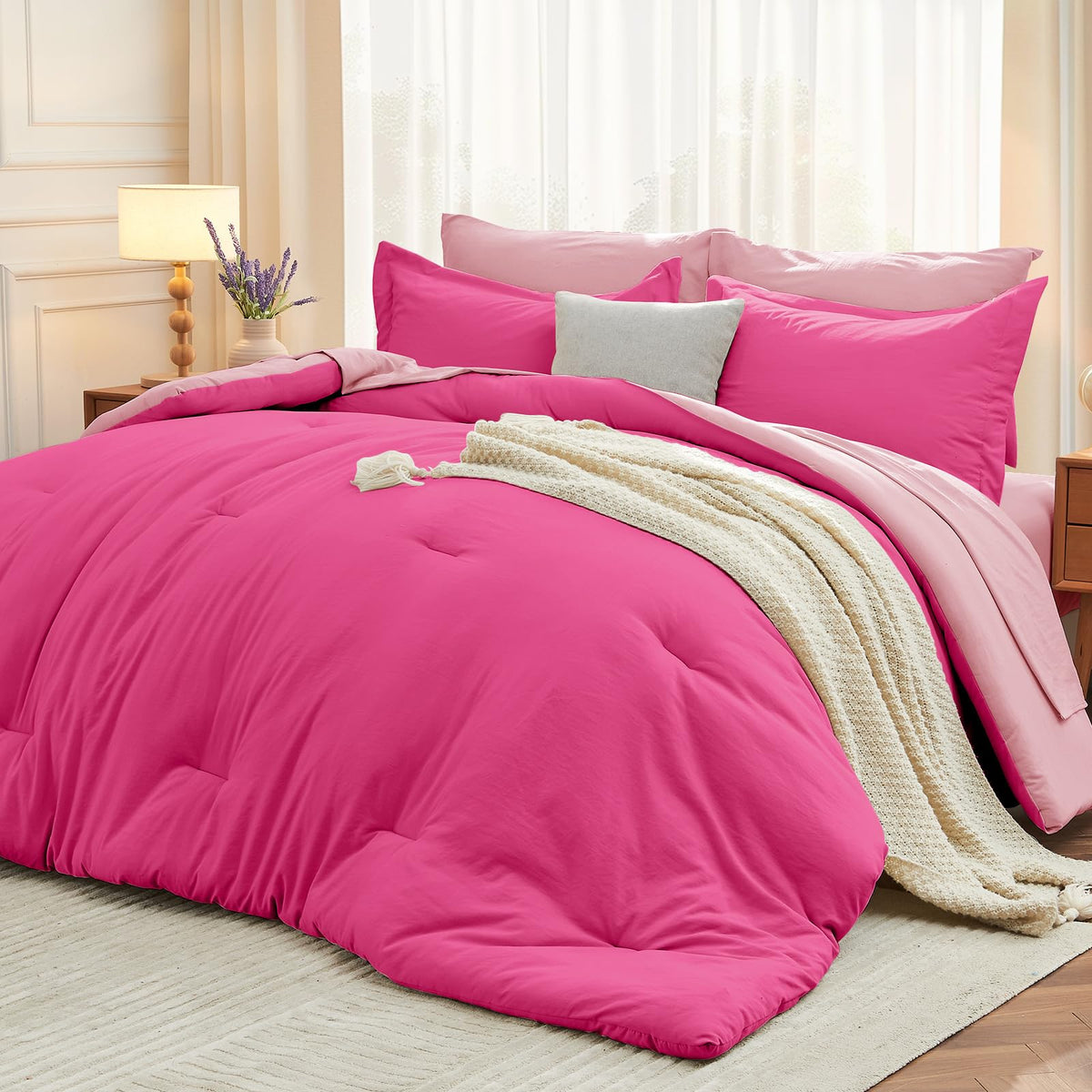 MUXHOMO Full Comforter Set 7 Pieces, Soft Bed in a Bag, Beige