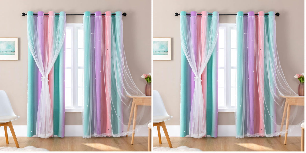 XiDi Curtains for Girls Bedroom Decor, Rainbow Blackout Curtains for Kids/Little Girl Room Decor, Unicorn Wall Decals,Pink Purple Green,63 x 34 inches,1 Panel