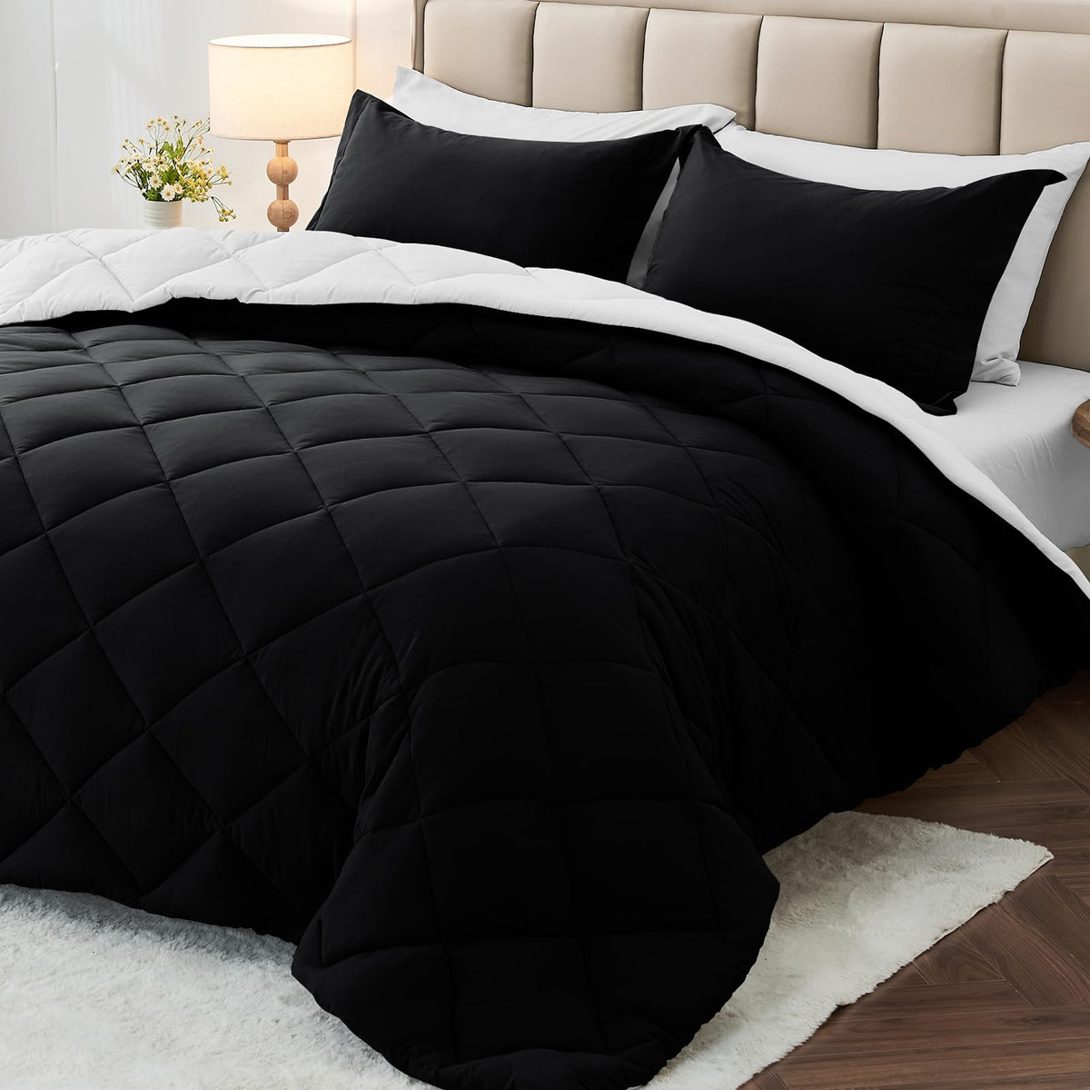 MUXHOMO Queen Comforter Set 7 Pieces, Reversible Bed in a Bag, Red/Black