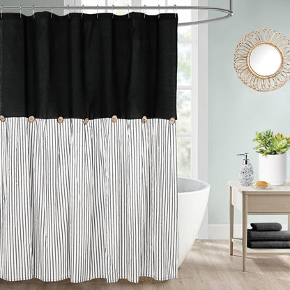 DOSLY IDÉES Farmhouse Shower Curtain,Beige and Gray Stripe,Button Curtain,Linen and Cotton Woven Fabric,Rustic Charm Country Chic Style,72x72 in
