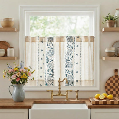 jinchan Beige Floral Linen Kitchen Tier Curtains 50x45 Inch 2 Panels