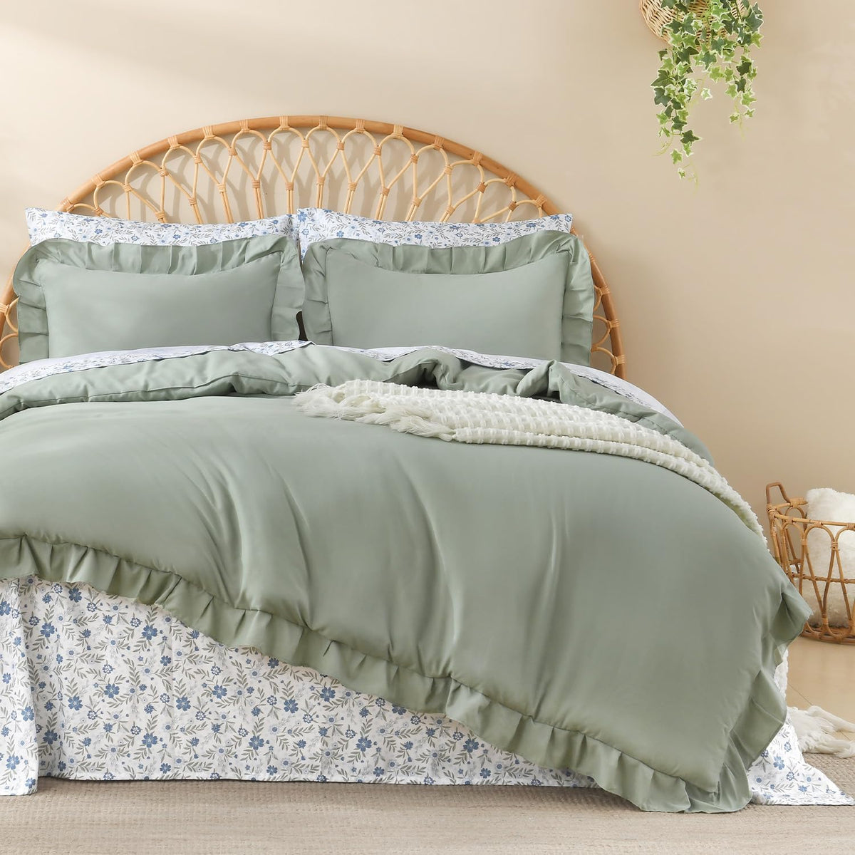Litanika 7Pcs Full Ruffled Sage Green Comforter Set with Floral Sheets