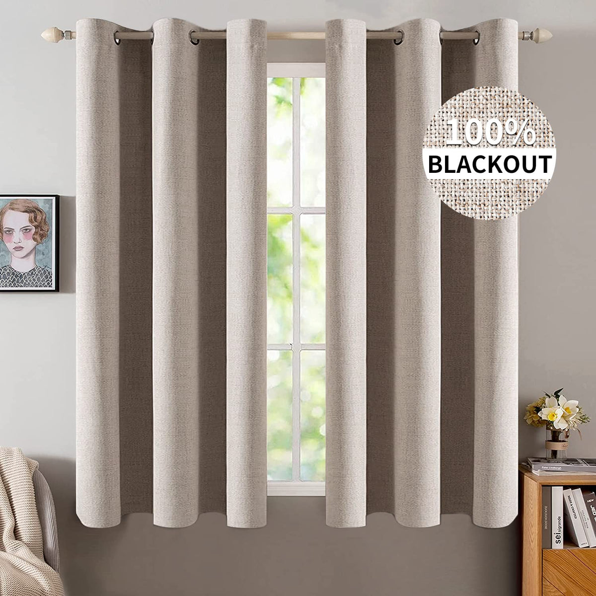 MIULEE 100% Blackout Linen Curtains for Bedroom 52x84 Inches Natural Beige