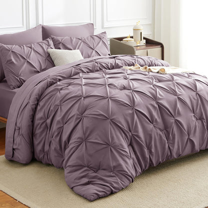 HIMEET Queen Comforter Set Black - 7 Pieces Pintuck Bed in a Bag