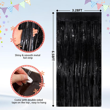 GCB 2Pack Black Metallic Tinsel Foil Fringe Curtain, Black Curtain Backdrop