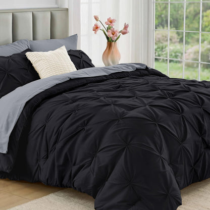 JOLLYVOGUE Queen Comforter Set 7 Pieces - Bed in a Bag Queen for All Season, Pintuck Bedding Comforter Sets with Comforter, Flat Sheet, Fitted Sheet and Pillowcases & Shams, Pink