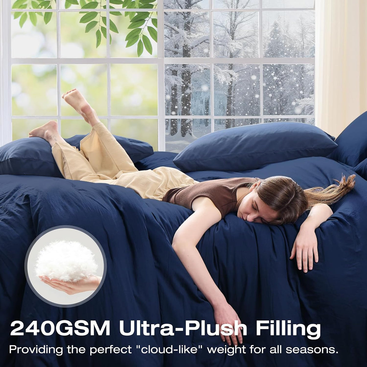 Sasttie Navy Blue Queen Comforter Set 7-Piece, Pre-Washed Bed in a Bag