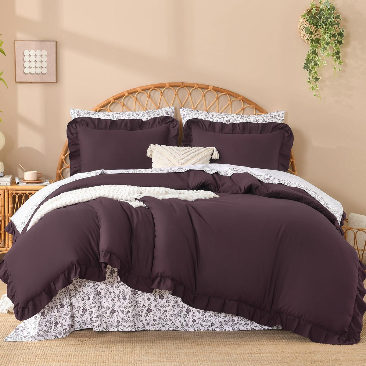 Litanika 7Pcs Full Ruffled Sage Green Comforter Set with Floral Sheets