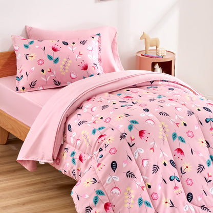SLEEP ZONE Comforter Set Bed in A Bag, 7 Pieces Girls, Cattoon Pattern for Kids, Toddlers, Teens, Ultra Soft and Washable (Garden Secret,Full/Queen)