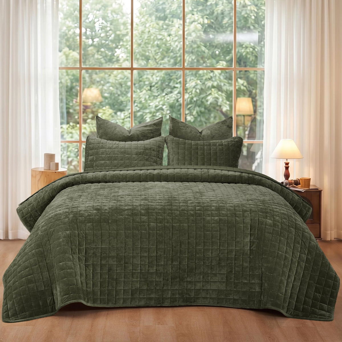 PHF Diamond Pattern Luxury Velvet Quilt Set Queen Size, Sand