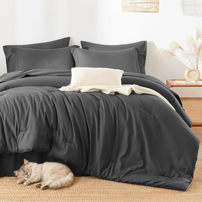 HIMEET Queen Comforter Set, 7-Piece Point-Quilted Bed in a Bag Dark Grey