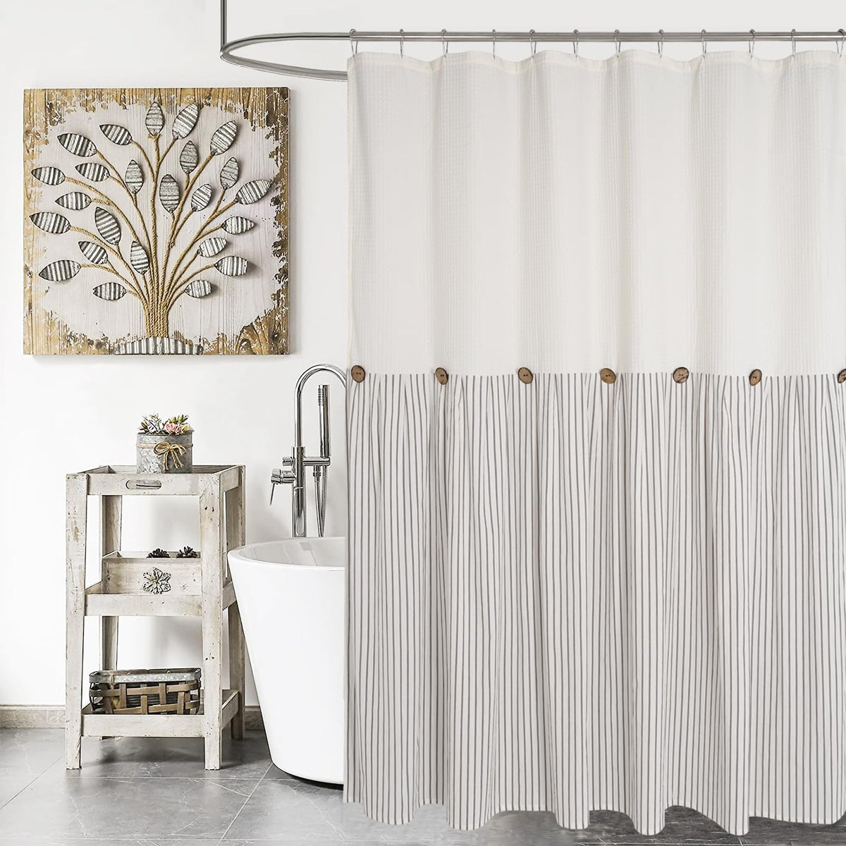 DOSLY IDÉES Farmhouse Shower Curtain,Beige and Gray Stripe,Button Curtain,Linen and Cotton Woven Fabric,Rustic Charm Country Chic Style,72x72 in