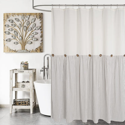 DOSLY IDÉES Farmhouse Shower Curtain,Beige and Gray Stripe,Button Curtain,Linen and Cotton Woven Fabric,Rustic Charm Country Chic Style,72x72 in