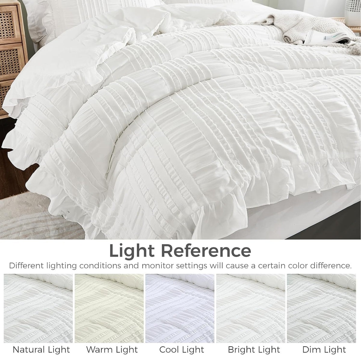 WONGS BEDDING White Queen Comforter Set,Boho Ruffle Comforter for Queen Bed,Soft Seersucker Shabby Chic Bedding Set with 1 Comforter,2 Tufted Pillowcases 90"×90"
