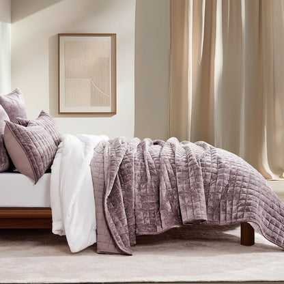 RECYCO Channel Box Stitch Velvet Quilt Set, King Size, Beige