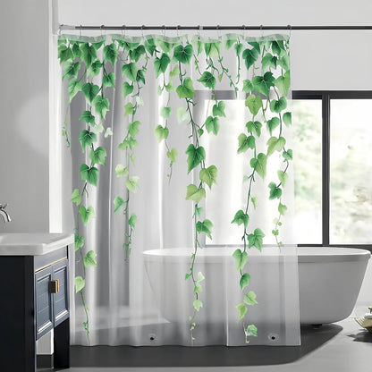 Clear Green Ivy Leaves Shower Curtain Liner, Transparent Plastic Nature Green Botanical Leaf Decorative Waterproof Shower Curtains for Bathroom, 72x72 Weighted Magnetic Shower Curtain Liner with Hooks