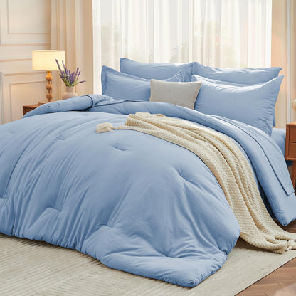 MUXHOMO Queen Comforter Set 7 Pieces, Soft Bed in a Bag, Olive Green