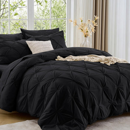 Sasttie Full Size Comforter Set, 7-Piece Bed in a Bag Double, Pintuck Bedding Set for All Season, Includes Comforter, Flat Sheet, Fitted Sheet, Pillowcases and Pillowshams, Beige