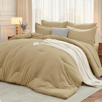 MUXHOMO Full Comforter Set 7 Pieces, Soft Bed in a Bag, Beige
