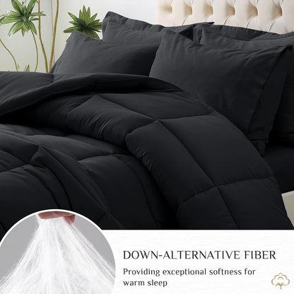 JOLLYVOGUE Full Comforter Set, Ultra-Soft Bed in a Bag Full Size 7 Pieces, Oeko-TEX Certified Bedding Set with Down Alternative Comforter, Sheets, Pillowcases & Shams, Black