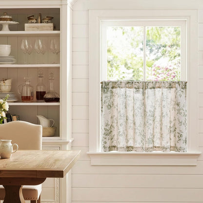 jinchan Floral Linen Kitchen Tier Curtains, 24 Inch, 2 Panels, Green