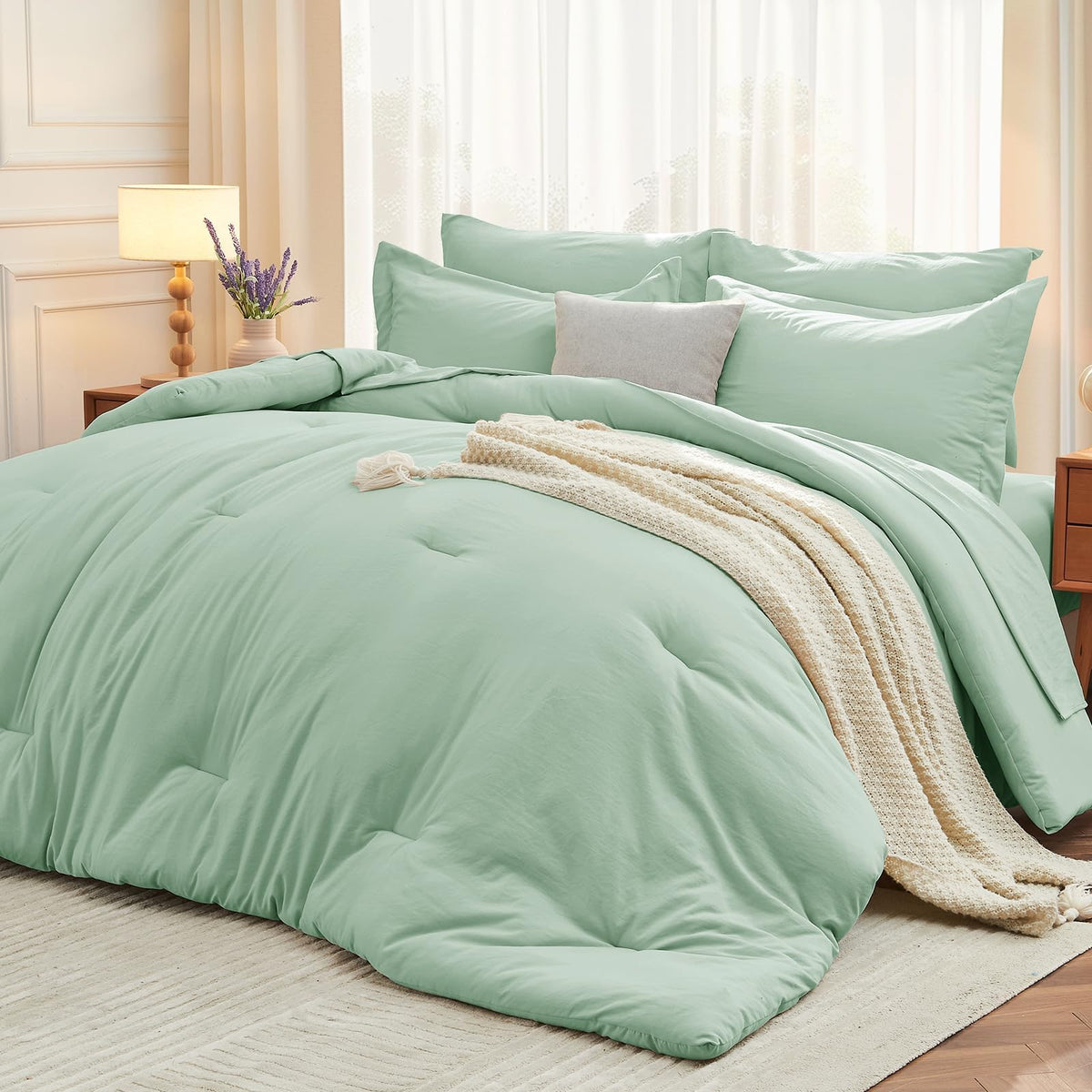 MUXHOMO Queen Comforter Set 7 Pieces, Soft Bed in a Bag, Olive Green