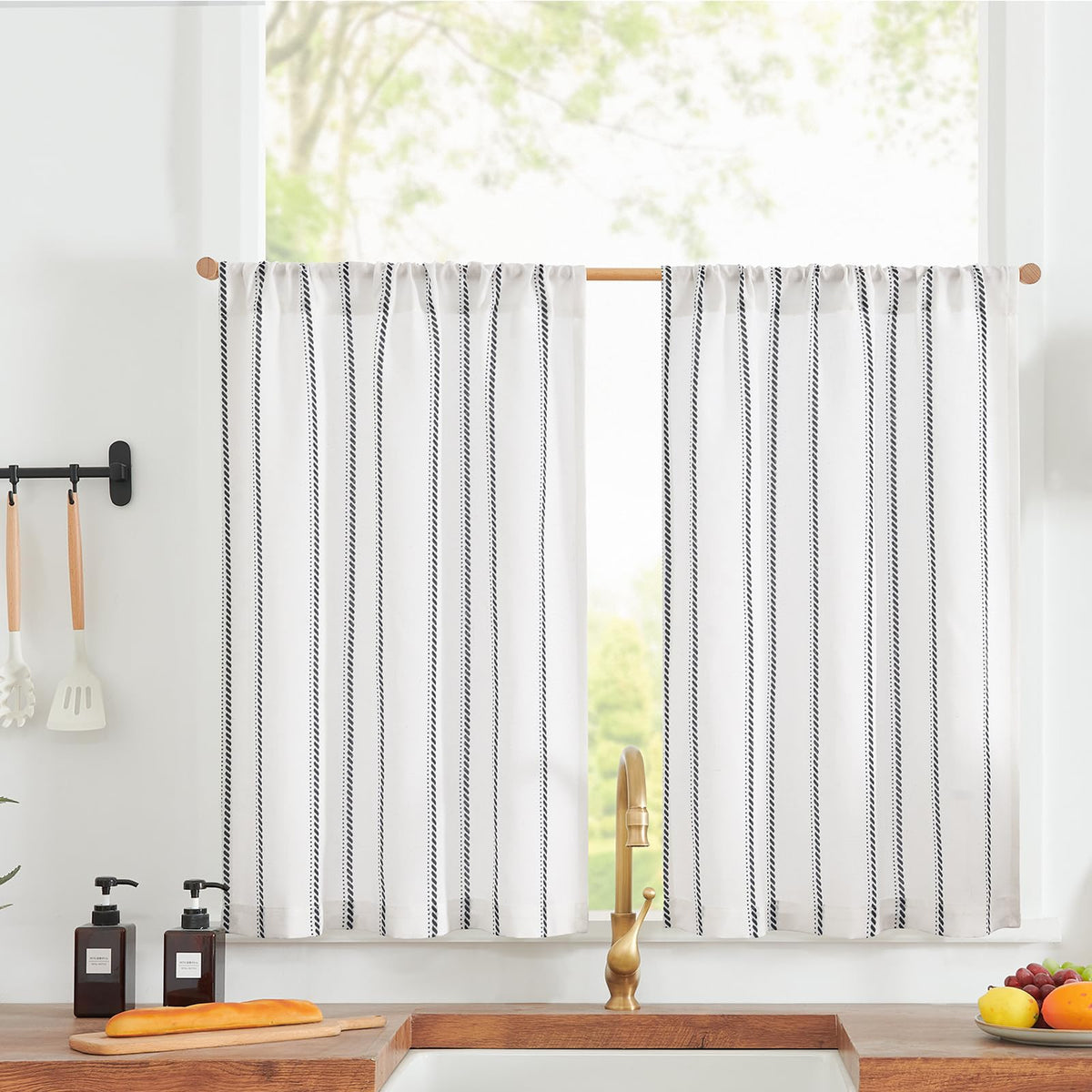 jinchan Linen Striped Tier Curtains for Kitchen Windows Green 26 x 24 inch