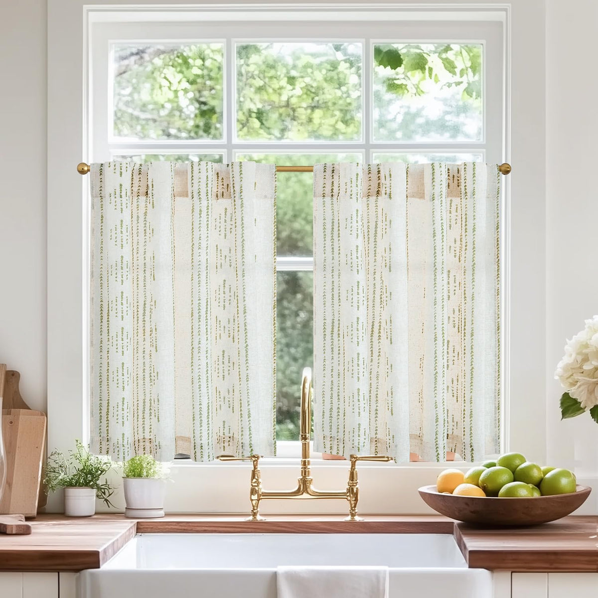 jinchan Linen Striped Tier Curtains for Kitchen Windows Green 26 x 24 inch