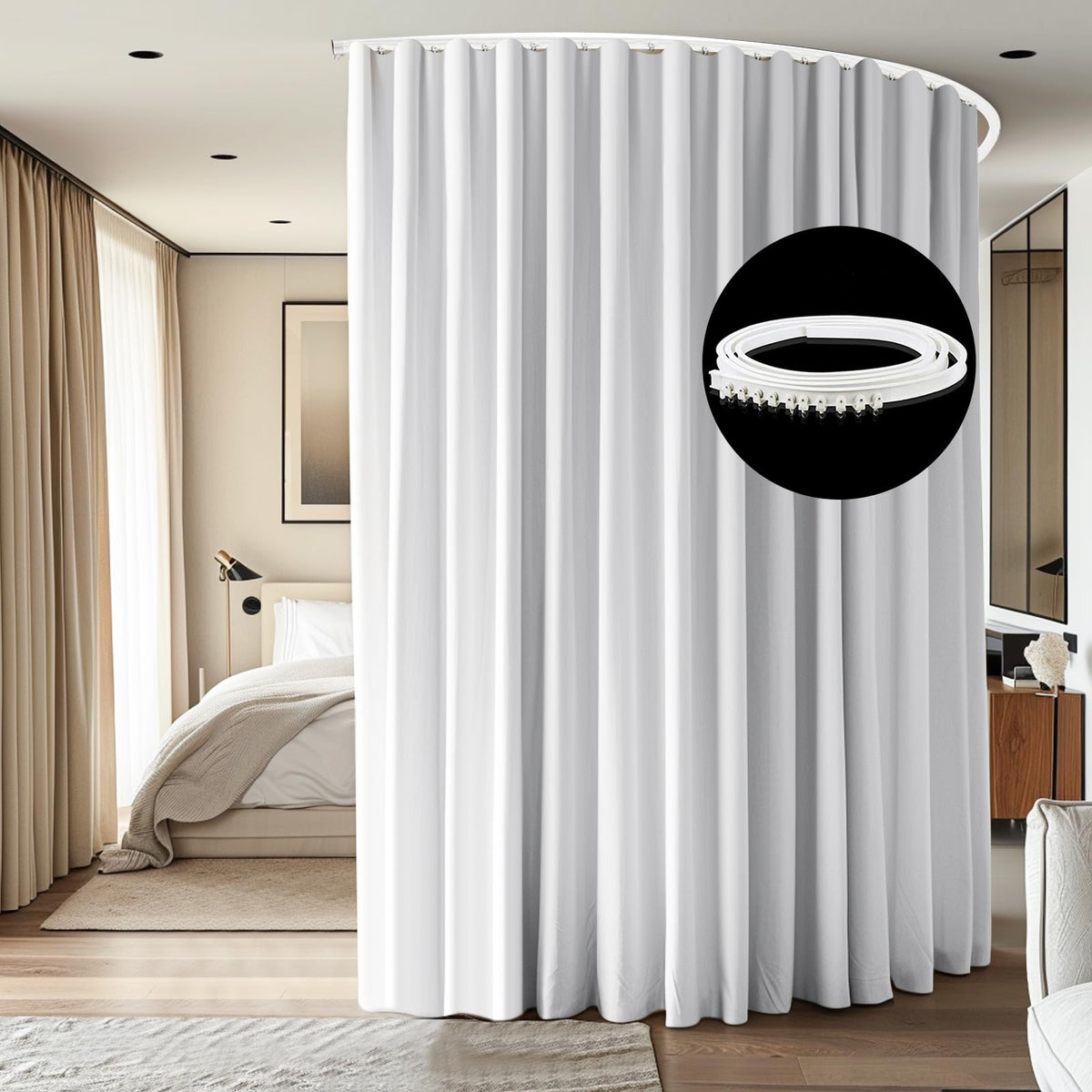 Room Divider Ceiling Mounted Curtains Track Sets Extra Wide Blackout Curtain Flexible Tracks for Bedroom Privacy Partition Separator, 1 Panel Black Drape and White Rail, W8.3 x H8ft