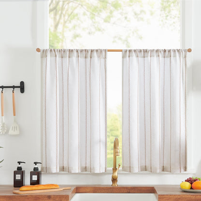 jinchan Linen Striped Tier Curtains for Kitchen Windows Green 26 x 24 inch