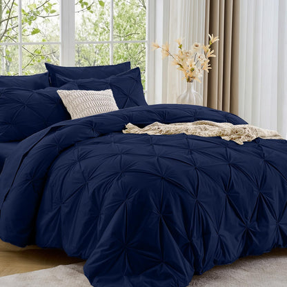 Sasttie Full Size Comforter Set, 7-Piece Bed in a Bag Double, Pintuck Bedding Set for All Season, Includes Comforter, Flat Sheet, Fitted Sheet, Pillowcases and Pillowshams, Beige
