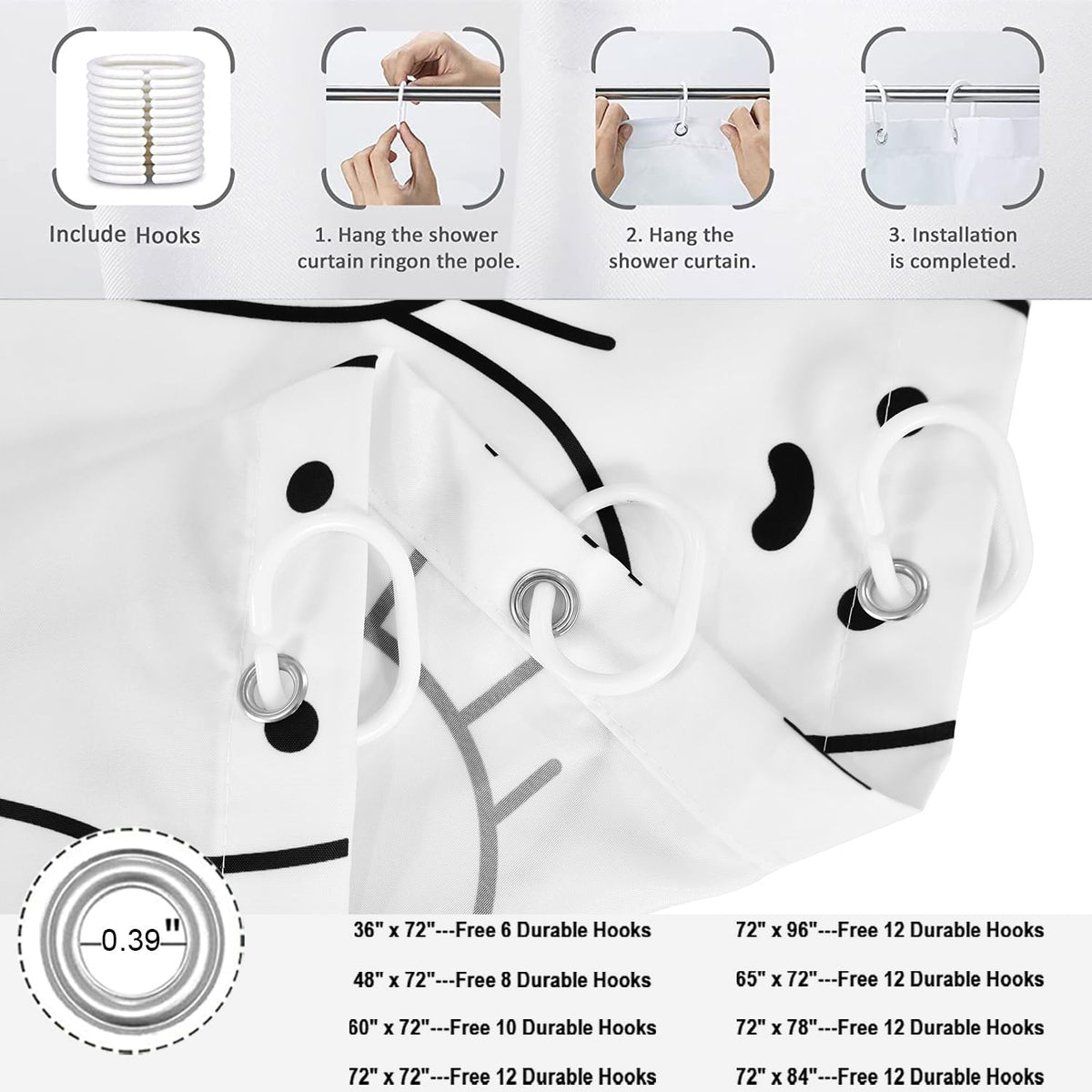 Halloween Shower Curtain, Black and White Funny Ghosts Icons Spooky Cute Halloween Bathroom Curtain Waterproof Fabric Machine Washable with Hooks, 72" Wx72 L