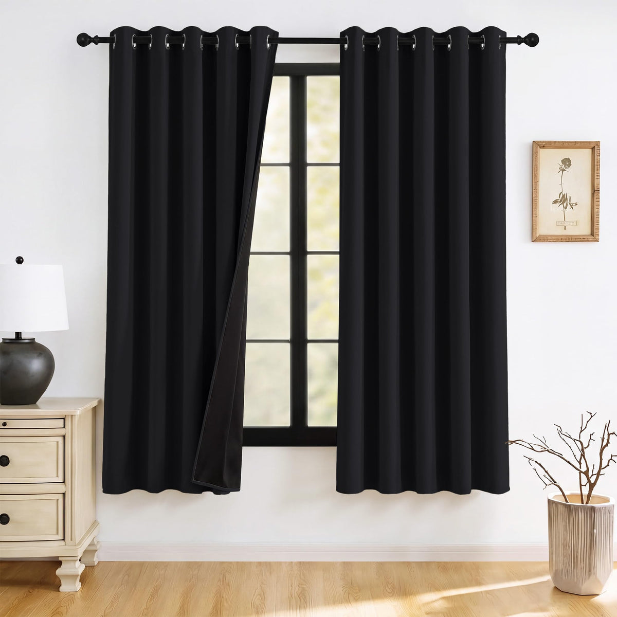 RYB HOME 100% Blackout Black Curtains for Bedroom Living Room 84 inch Long