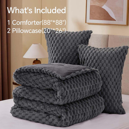 BEDELITE Fluffy Queen Comforter Set, Dark Grey Fleece Bed Set 3 Pieces