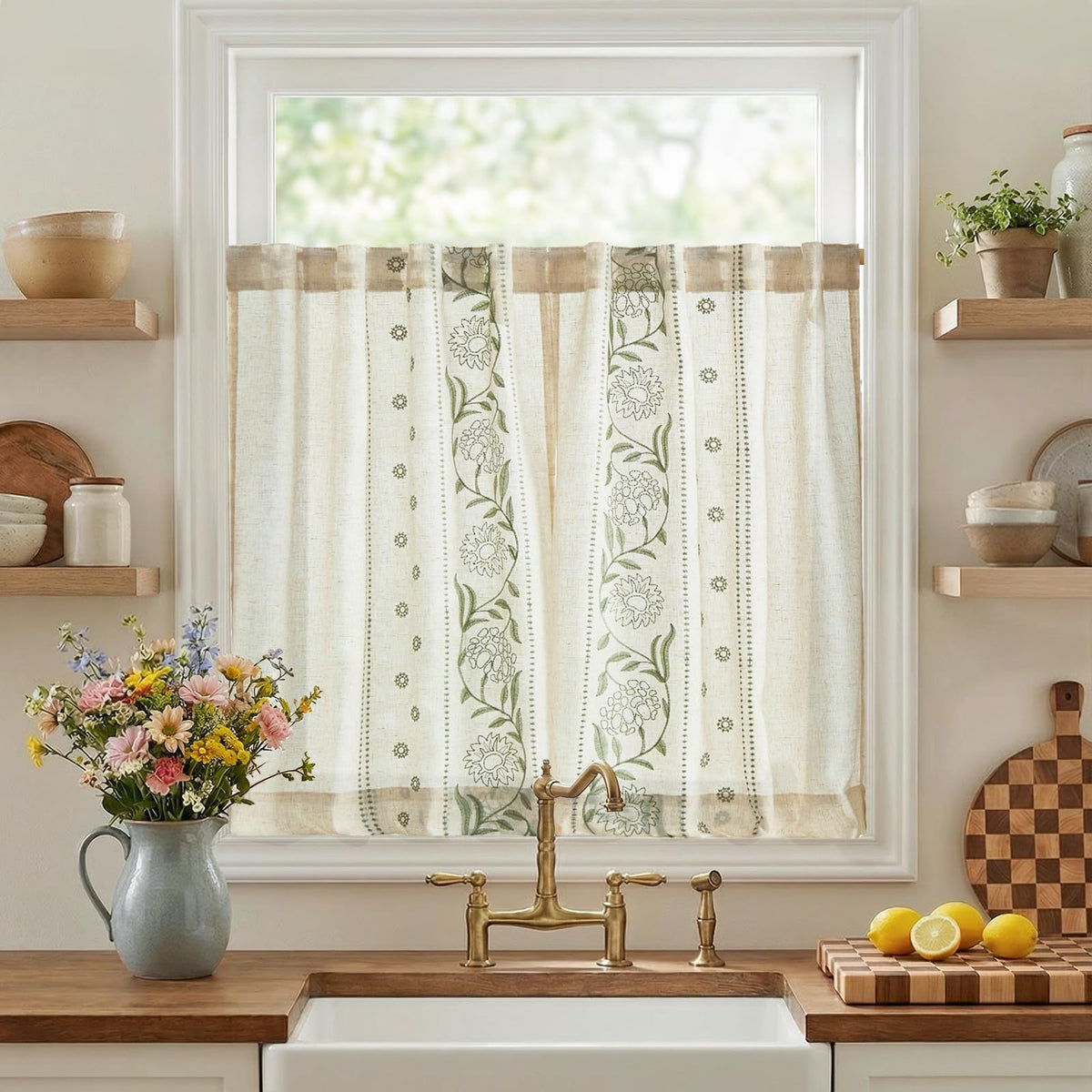 jinchan Beige Floral Linen Kitchen Tier Curtains 50x45 Inch 2 Panels