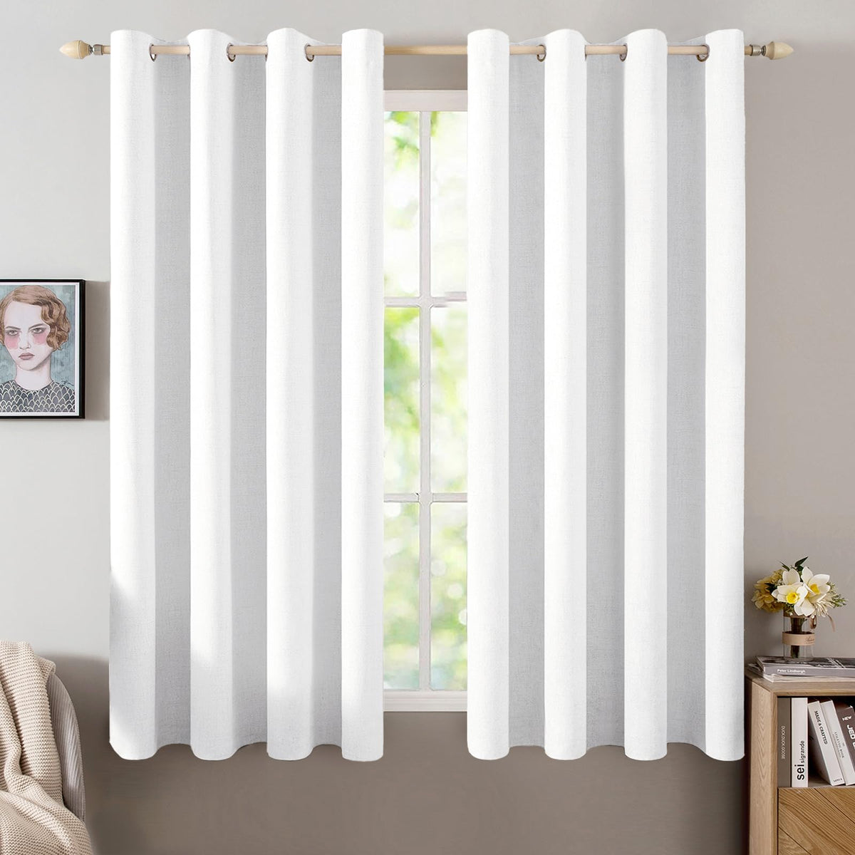 MIULEE 100% Blackout Linen Curtains for Bedroom 52x90 Inches Natural Beige