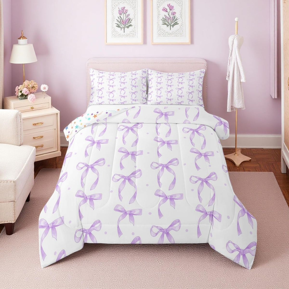 Erosebridal Cute Pink Bow Twin Bedding Set for Girls,Ribbon Bow Knot Comforter Set for Kids Kawaii Room Decor,Princess Bowknot Bed Set Girly Pink Bows Bedding Comforter Sets,1 Pillowcase