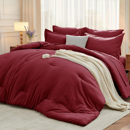 MUXHOMO Full Comforter Set 7 Pieces, Soft Bed in a Bag, Beige
