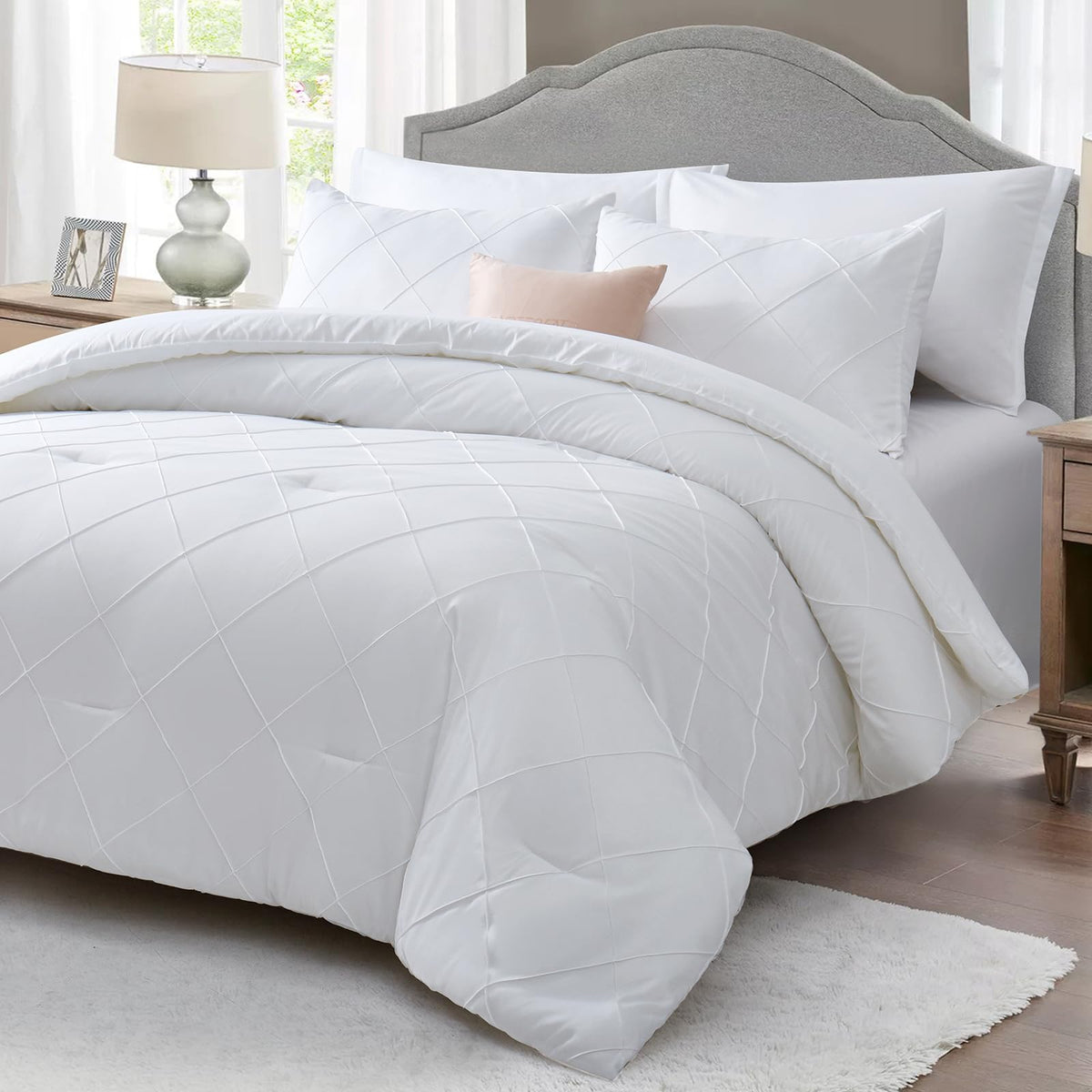White Comforter Queen Set, All Season Diamond Bedding Sets 7 Pcs