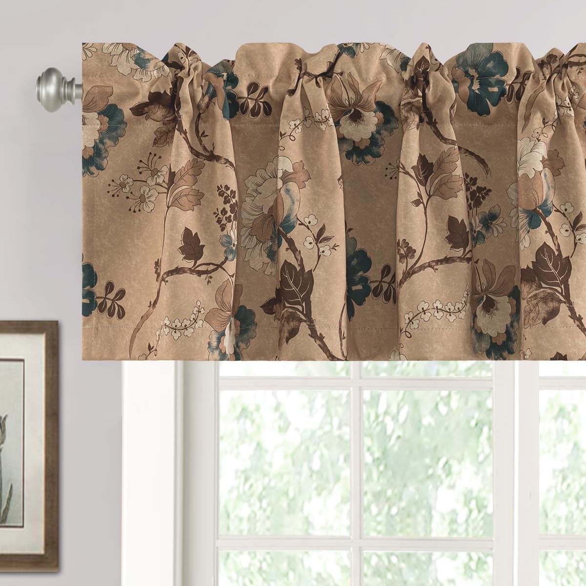 H.VERSAILTEX Blackout Curtain Valances for Kitchen Window/Living Room/Bathroom Privacy Added Rod Pocket Home Decoration Winow Valance, 52" W x 18" L, Floral in Sage and Brown